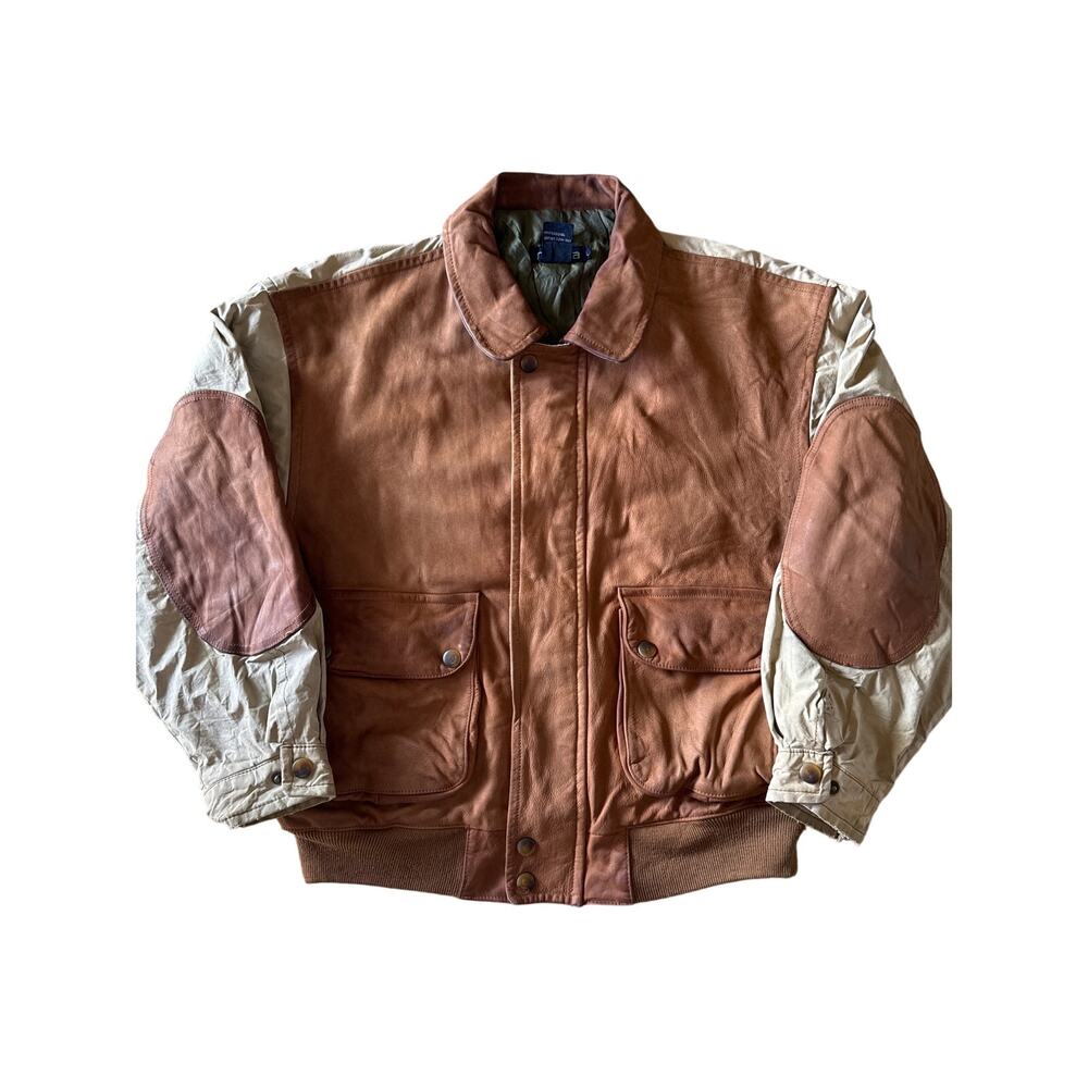 Vtg Nautica Leather Cotton Button And Zip Caramel Brown L Bomber Aviation Jacket